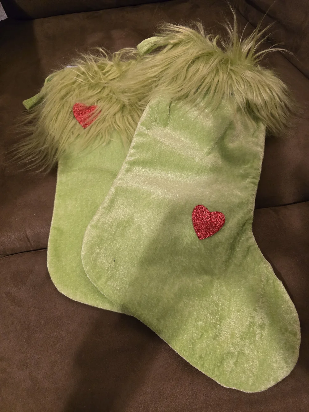 Lime Green Furry Holiday Stocking with Red Heart. Set of 2. NWOT.